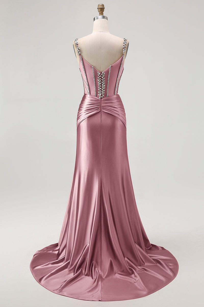 Load image into Gallery viewer, Sparkly Blush Spaghetti Straps Satin Mermaid Beaded Long Corset Prom Dress
