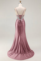 Load image into Gallery viewer, Sparkly Grey Pink Satin Mermaid Ruched Long Corset Prom Dress with Slit