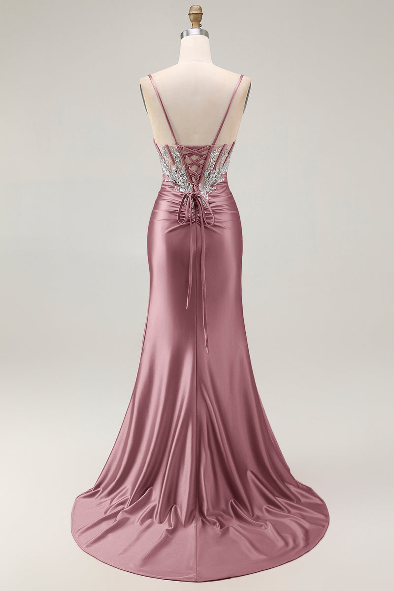 Load image into Gallery viewer, Sparkly Grey Pink Satin Mermaid Ruched Long Corset Prom Dress with Slit