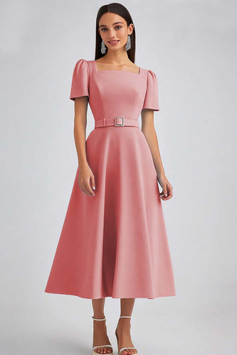 Dusty Rose A Line Satin Square Neck Midi Work Dress with Sleeves