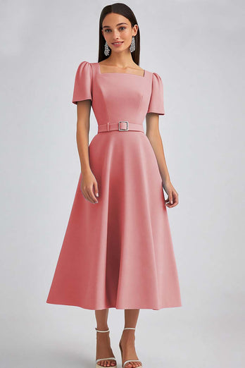 Dusty Rose A Line Satin Square Neck Midi Work Dress with Sleeves
