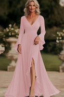 Load image into Gallery viewer, Dark Grey A Line Ruched Long Chiffon Mother of the Bride Dress with Slit