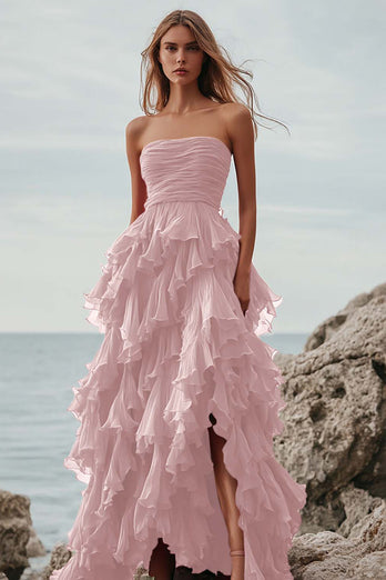 Fuchsia Tulle A Line Tiered Ruched Long Formal Dress