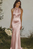 Load image into Gallery viewer, Dusty Rose Satin Halter Sheath Long Bridesmaid Dress