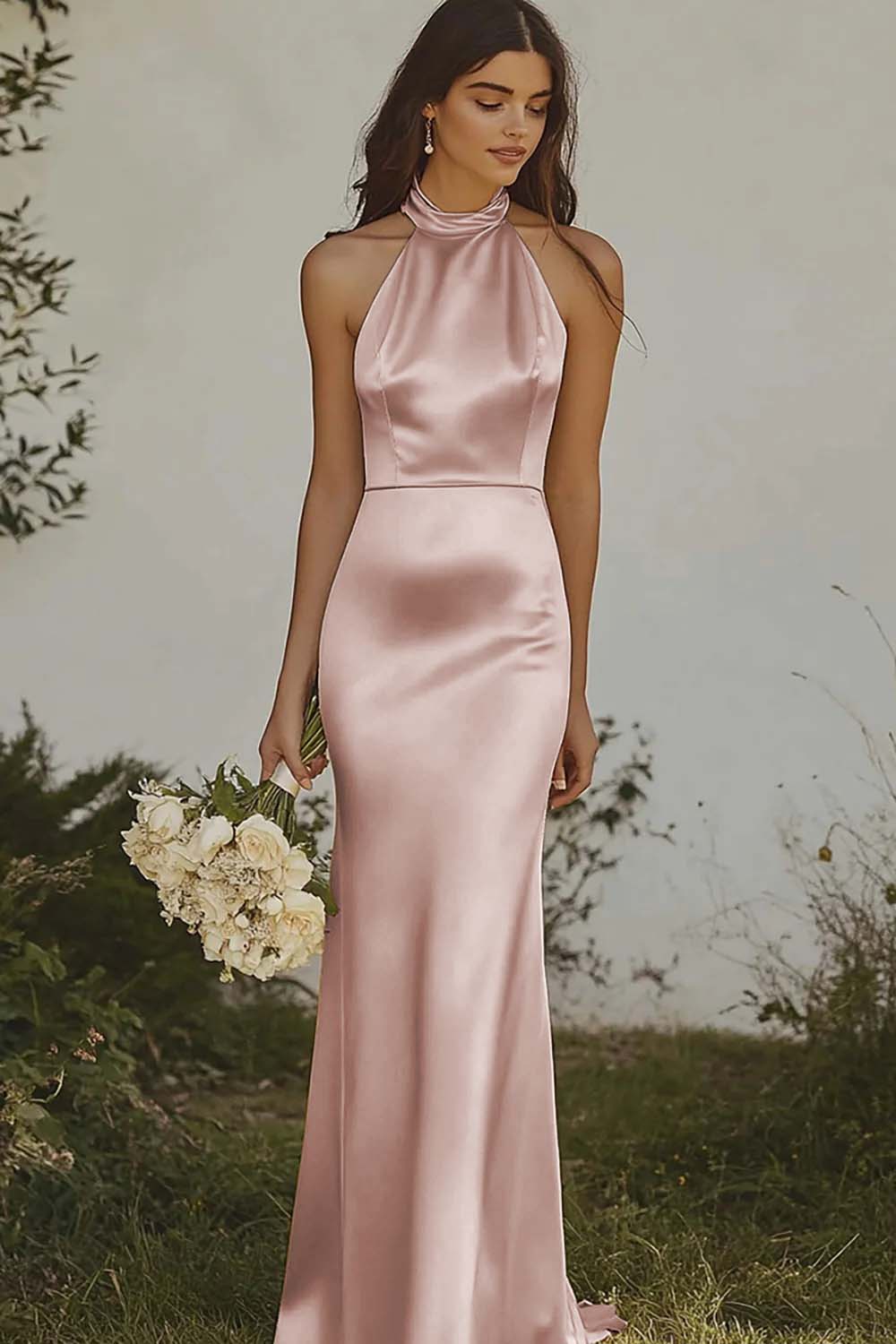 Dusty Rose Satin Halter Sheath Long Bridesmaid Dress