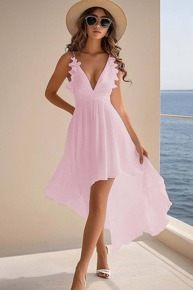 Load image into Gallery viewer, Queendancer Women Dusty Sage Chiffon High Low Rehearsai Dinner Dress Ruffled A Line Spaghetti Straps Boho Summer Dress