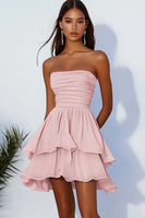 Load image into Gallery viewer, Sky Blue A Line Chiffon Ruched Strapless Short Cocktail Dress with Ruffles