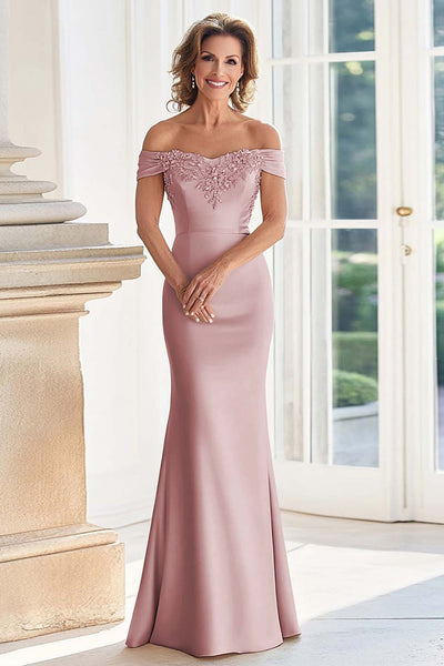 Dusty Rose Mermaid Satin Long Mother of the Bride Dress with Appliques
