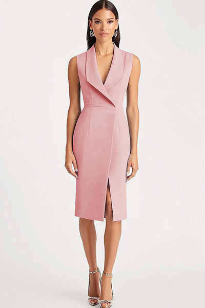 Queendancer Women Dusty Rose Satin Work Blazer Dress Bodycon Sleeveless Shawl Lapel Midi Semi Formal Dress