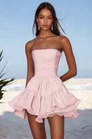 Load image into Gallery viewer, Sky Blue Chiffon Ruched Strapless Short Cocktail Dress with Ruffles