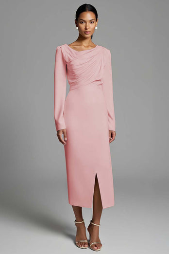 Ivory Sheath Ruched Long Sleeves Work Dress with Slit