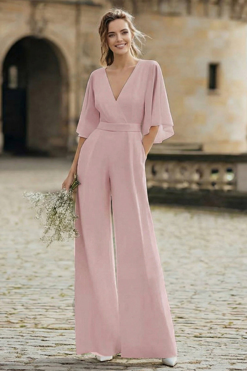 Load image into Gallery viewer, Ivory V-Neck Half Sleeves Long Wedding Jumpsuits with Pockets