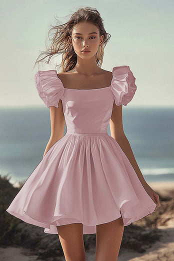 White Satin Mini Graduation Dress with Ruffles