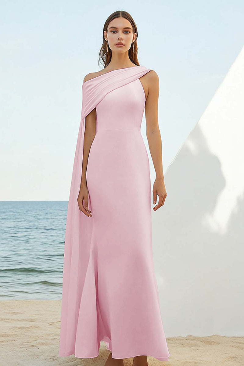 Load image into Gallery viewer, Chiffon Dusty Blue Asymmetrical Sheath Rehearsal Dinner Dress