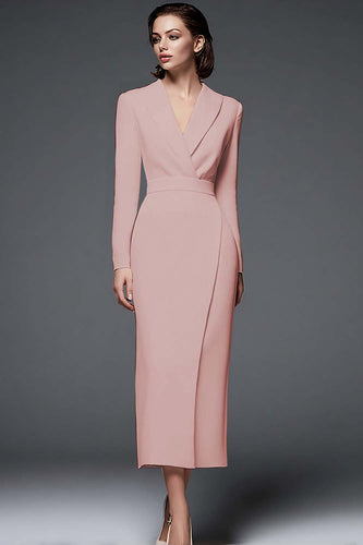 Simple Dusty Rose Pencil Shawl Lapel Long Blazer Dress with Sleeves
