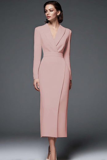 Simple Dusty Rose Pencil Shawl Lapel Long Blazer Dress with Sleeves