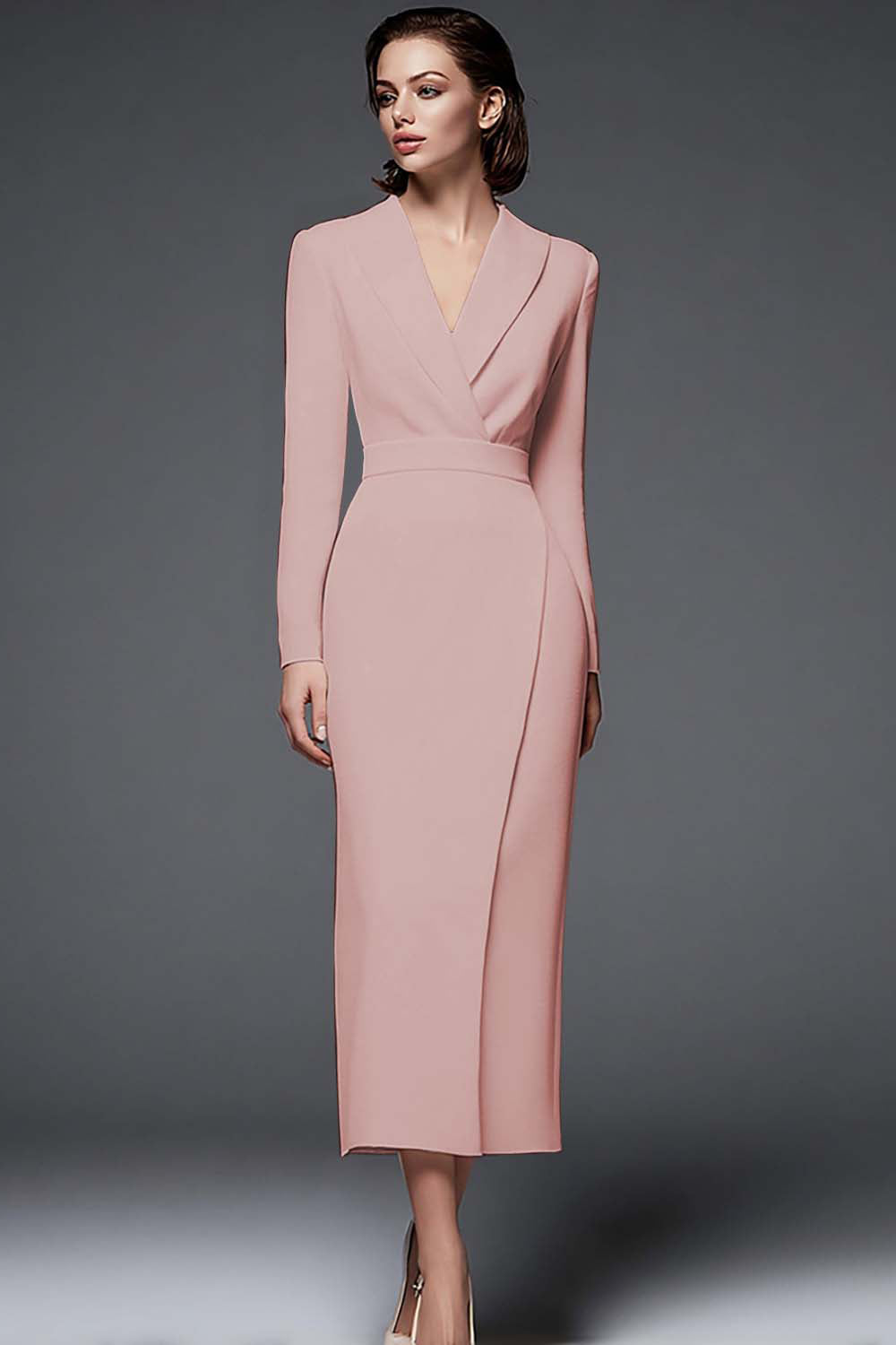 Simple Dusty Rose Pencil Shawl Lapel Long Blazer Dress with Sleeves