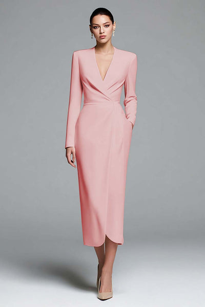 Dusty Rose Sheath Satin V-Neck Ruched Long Sleeves Work Dress