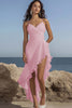 Load image into Gallery viewer, Queendancer Women Dusty Sage Chiffon High-Low Rehearsal Dinner Dress with Ruffles V-Neck Spaghetti Straps Ruched Long Engagement Dress