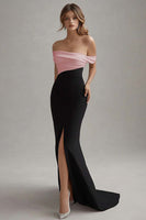 Load image into Gallery viewer, Red Sheath Off the Shoulder Long Black Tie Dress with Slit