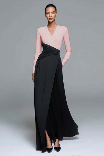 Black and White Patchwork Sheath Long Formal Dress with Sleeves