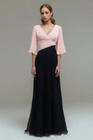 Load image into Gallery viewer, Black and White Chiffon Ruched Maxi Formal Dress with Sleeves