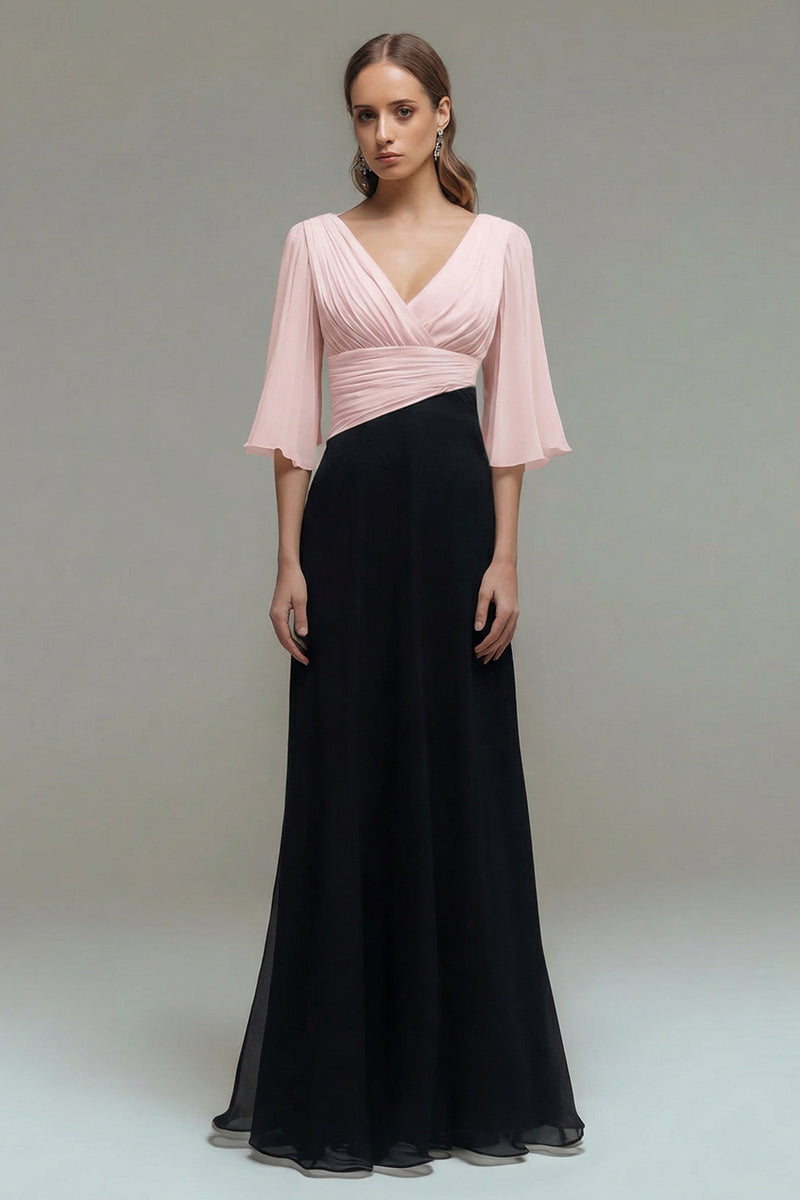 Load image into Gallery viewer, Black and White Chiffon Ruched Maxi Formal Dress with Sleeves