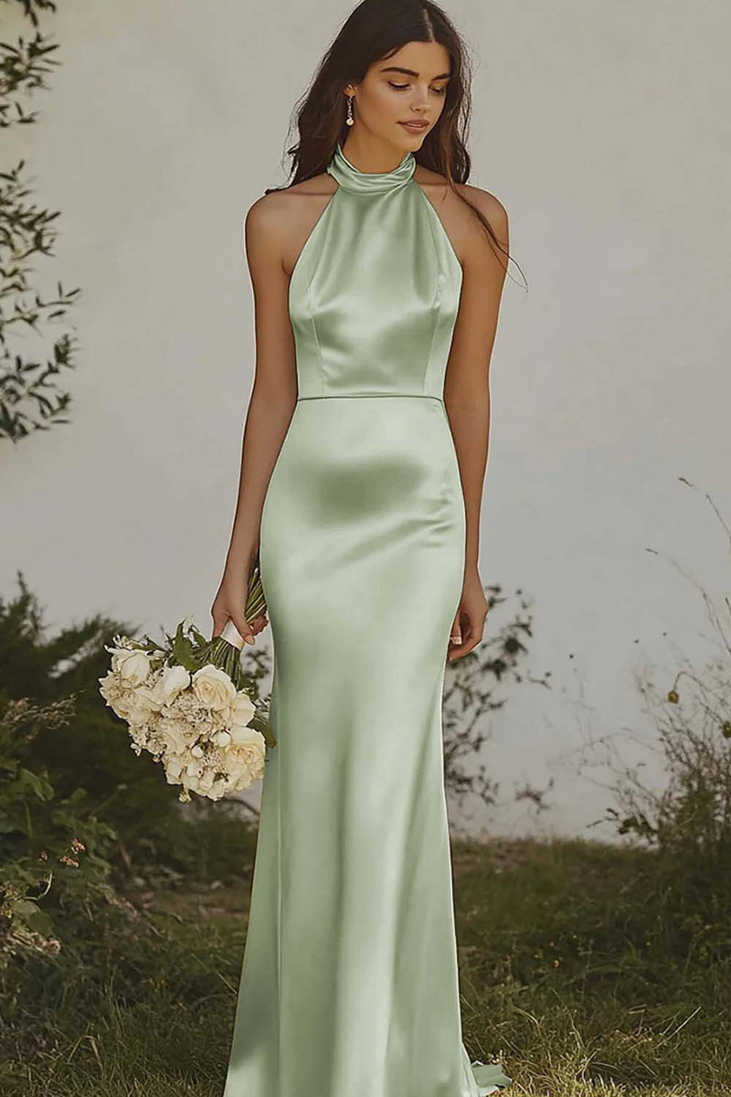 Load image into Gallery viewer, Light Yellow Halter Satin Sheath Long Formal Dress