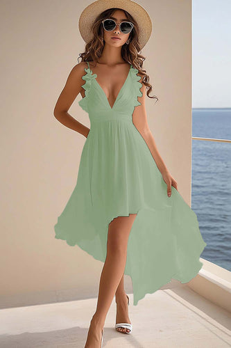 Dusty Sage Chiffon A Line High Low Ruffled Graduation Dress