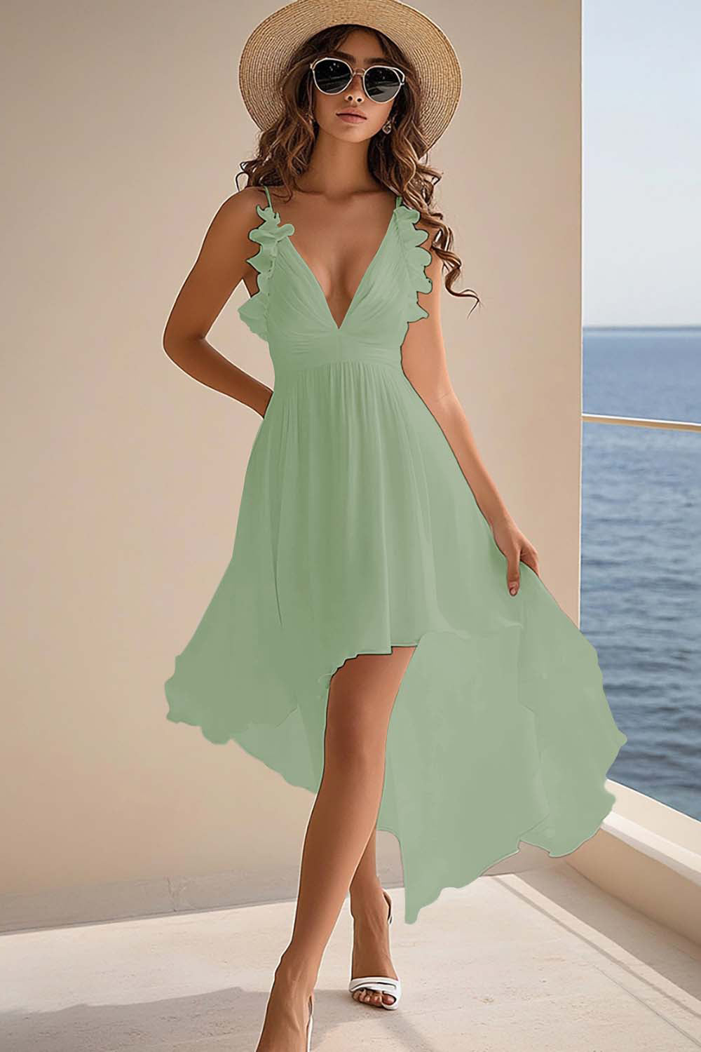 Queendancer Women Dusty Sage Chiffon High Low Rehearsai Dinner Dress Ruffled A Line Spaghetti Straps Boho Summer Dress