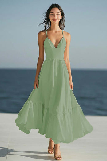 Dusty Sage Spaghetti Straps A Line  Beach Long Engagement Dress