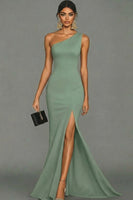 Load image into Gallery viewer, Dark Green Satin One Shoulder Mermaid Long Formal Dress with Slit