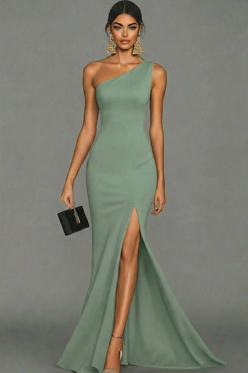 Load image into Gallery viewer, Dark Green Satin One Shoulder Mermaid Long Formal Dress with Slit