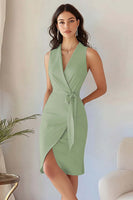 Load image into Gallery viewer, Queendancer Women Dusty Rose Tight Short Work Blazer Dress with Sash Satin Pencil V-Neck Sleeveless Cocktail Dress