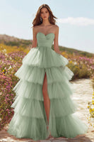 Load image into Gallery viewer, Pink Tulle Ruffled Long Prom Dress with Slit
