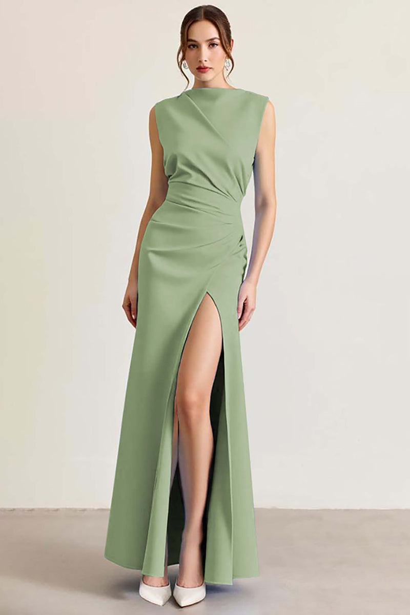 Load image into Gallery viewer, Queendancer Women Dusty Rose Sheath Long Formal Dress with Slit Sleeveless Ruched Prom Dress