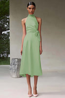 Load image into Gallery viewer, Dusty Sage A Line Satin Halter Long Formal Dress
