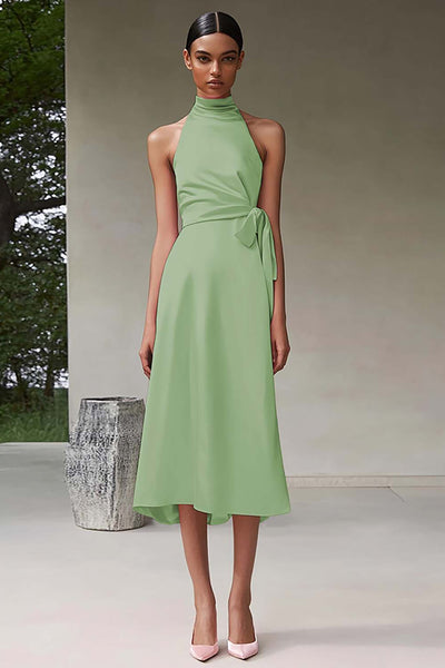 Dusty Sage A Line Satin Halter Long Formal Dress