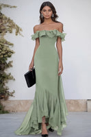 Load image into Gallery viewer, Black Chiffon Off the Shoulder Mermaid Long Formal Dress with Ruffles