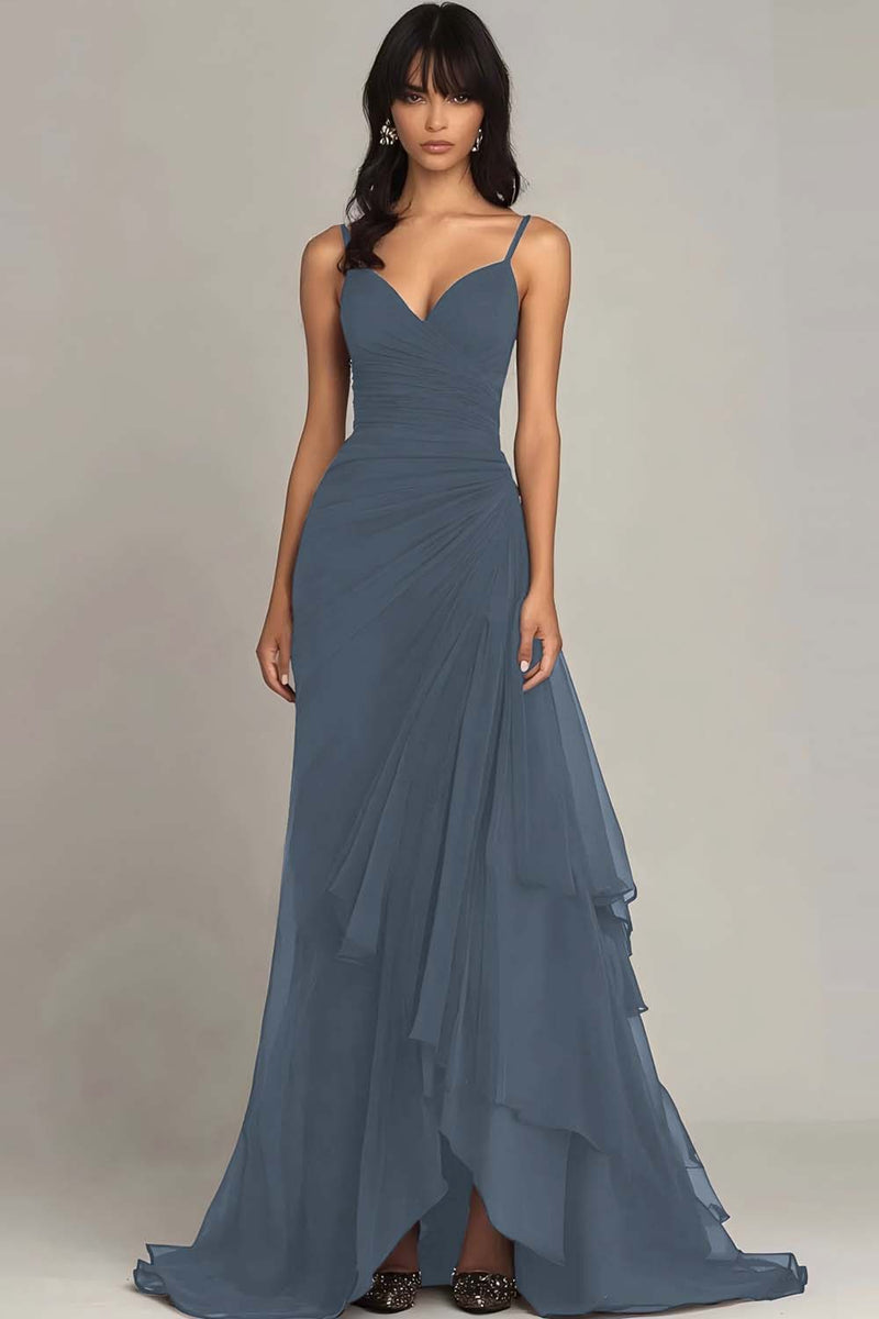Load image into Gallery viewer, Dark Brown Spaghetti Straps Chiffon Ruffled Long Formal Dress