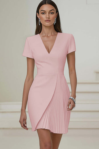 Ivory Pencil V-Neck Pleated Short Work Dress with Sleeves