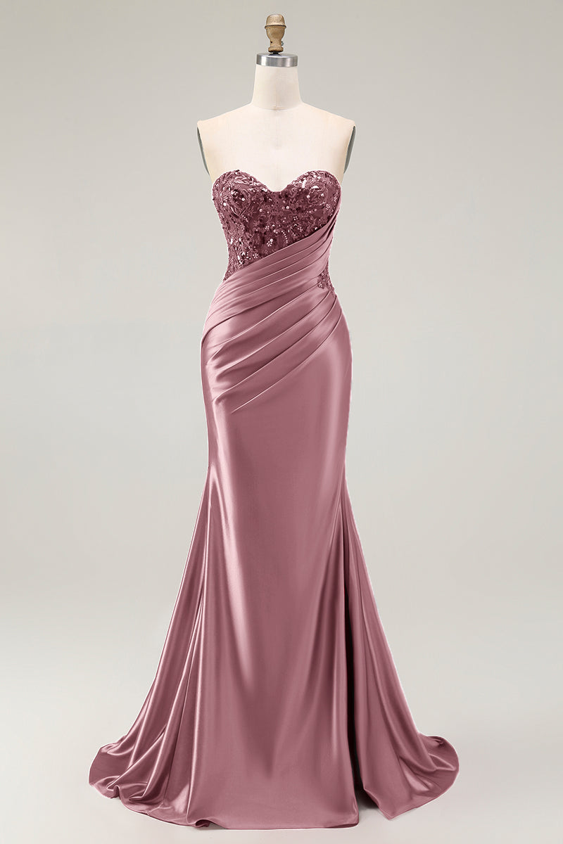 Load image into Gallery viewer, Sparkly Red Satin Mermaid Sweetheart Long Prom Dress with Sequins