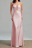 Load image into Gallery viewer, Pink Satin Sheath Ruched Strapless Long Formal Dress with Keyhole
