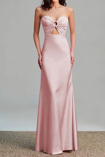 Pink Satin Sheath Ruched Strapless Long Formal Dress with Keyhole