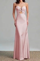 Load image into Gallery viewer, Fuchsia Sheath Satin Ruched Strapless Long Formal Dress with Keyhole