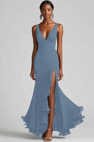 Load image into Gallery viewer, Queendancer Women Chiffon Mermaid Long Formal Dress with Slit V-Neck Backless Black Tie Dress with Ruffles