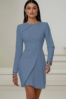 Load image into Gallery viewer, Queendancer Women Ivory Pleated Short Work Dress Long Sleeves Pencil Round Neck Business Dress