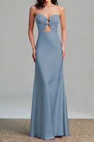 Load image into Gallery viewer, Pink Satin Sheath Ruched Strapless Long Formal Dress with Keyhole