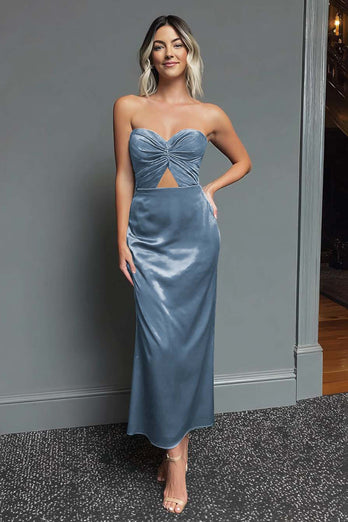 Dark Navy Satin Sweetheart Cut Out Sheath Long Formal Dress