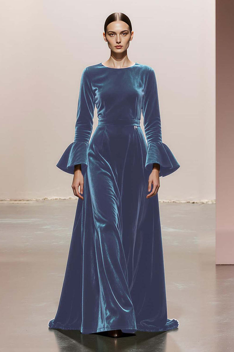 Load image into Gallery viewer, Dark Green Velvet A Line Round Neck Long Sleeves Formal Dress